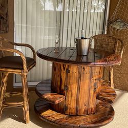 Table and Bar on Wheels with 2 swivel back Pub Chairs Indoor/Outdoor Refinished Farmhouse Style