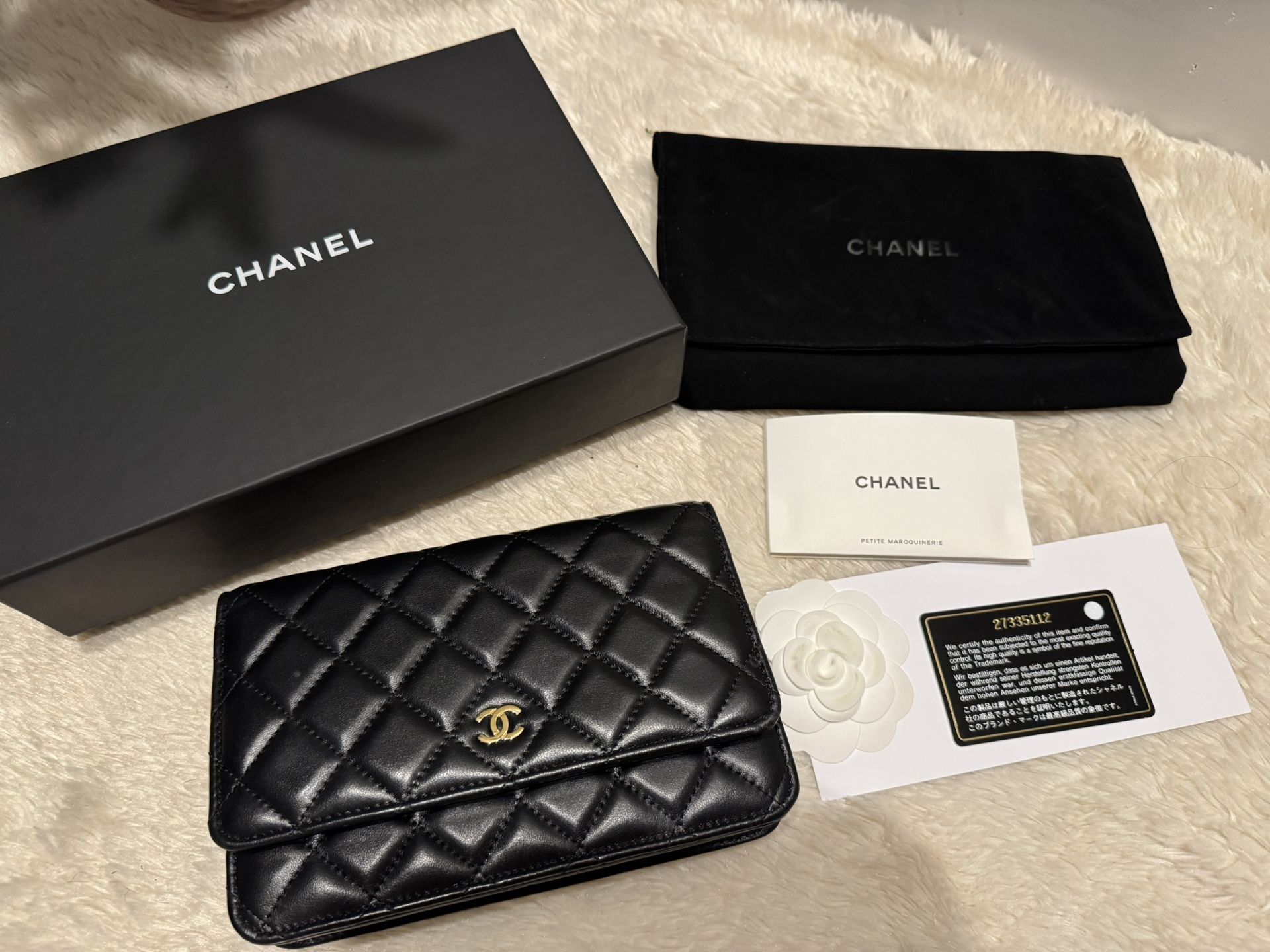 Authentic Chanel Lambskin Wallet On Chain - Black - Gold hardware