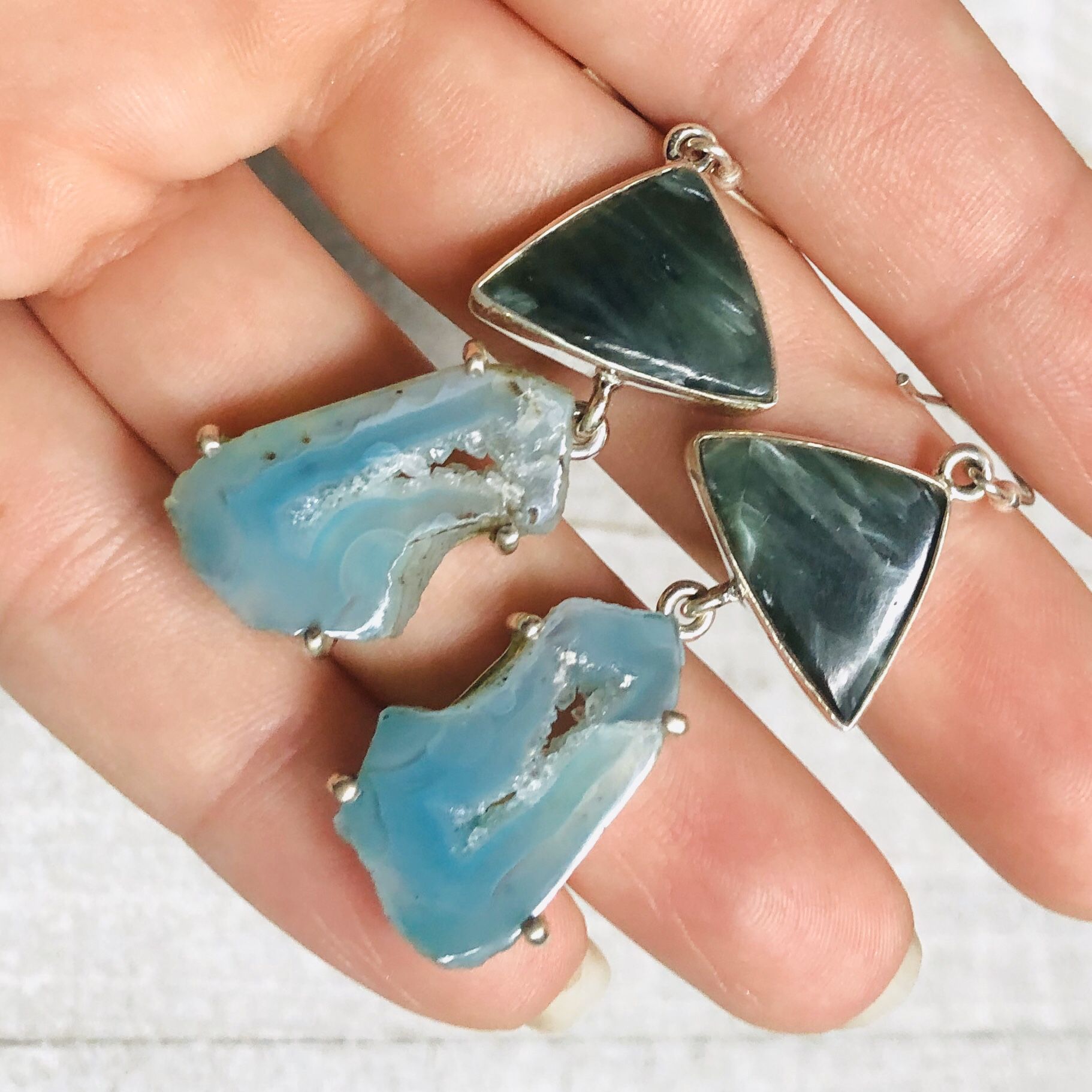 RESERVED Neon Blue Geode Druzy & Russian Seraphinite 925 Earrings