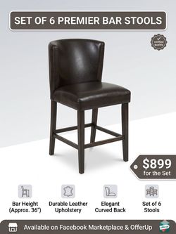 Set of 6 Premier Bar-Height Stools – Dark Brown Leather – Excellent Condition - $525 for all 6 chairs