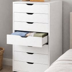 7-Drawer Chest, Wood Storage Dresser File Cabinet with Wheels, White