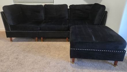 Plush Black Velet Sofa with Ottoman/Chaise