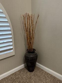 Large Dark Decorative Floor Vase with Bamboo Sticks