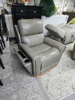 Gray Leather Power Recliner Chair with Cup Holder