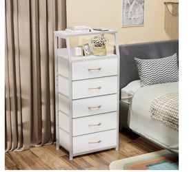 White Dresser with 5 Fabric Drawers,Nightstand 