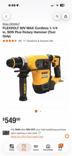 FLEXVOLT 60V MAX Cordless 1-1/4 in. SDS Plus Rotary Hammer (Tool Only)$350