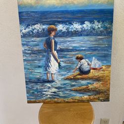 20x24” Oil Painting Children By Beach