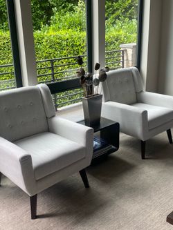 Set of 2 Modern White Linen Botton-Tufted Accent Arm Chair With The Solid Dark Wood Legs