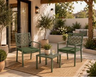 Outdoor Patio Set 3 for Garden Balcony Backyard, Sage Green Stackable Metal Steel Outdoor Table and Chairs, Waterproof Rustproof Patio Conversation S