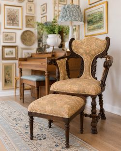 Antique 19th Century Wooden Carved Accent Chair With Ottoman Vintage Collectible Estate Sale