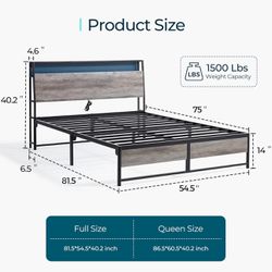 Full Bed Frame with Storage, Ergonomic Headboard, 14 inch Fast Assembly Metal Bed with Lights, Outlets & USB, Full Size, Noise Free, No Box Spring Nee