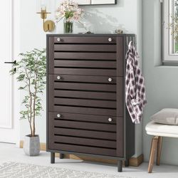 Minimalist Black Shoe Cabinet with Hanging Hooks & Slatted Doors