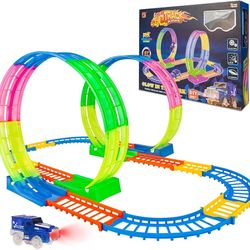 Glow In The Dark Magic Tracks Race Set w/ LED Toy Car — Flexible Buildable Track