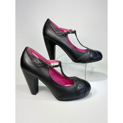 Steve Madden Womens 7M Heels P-Sherri Black Leather T-Strap Round Toe Pumps
