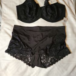 2 Elila brand bra & panty sets. Black & Gray 44E(DD) & 5XL