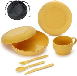 Berglander Camping Mess Kit with Bowl, Plate, Cup, Spoon, Fork, Knife and Carry Bag, Save Space, Easy to Carry, Plastic Camping Essentials Utensils fo
