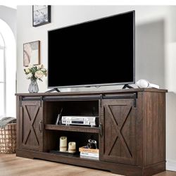 AMERLIFE 66" Farmhouse TV Stand for 75 Inches TVs, Entertainment Center with Sliding Barn Door and Adjustable Shelf & Feet, Console Table with Storage