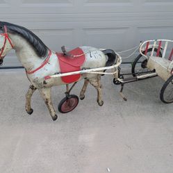 1900s Antique Horse Pedal Car with Sulky Cart Child's Toy French Dunlop turn of the century pressed metal