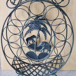 Vintage Metal Wine Rack Elephant Palm Tree Design
