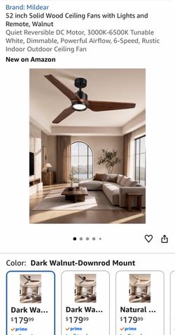 52 inch Solid Wood Ceiling Fans with Lights and Remote, Walnut Quiet Reversible DC Motor, 3000K-6500K Tunable White, Dimmable, Powerful Airflow, 6-Spe