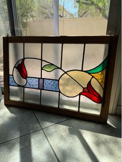 Antique Victorian Stained Glass Window Panel Wall Art 33”x22”