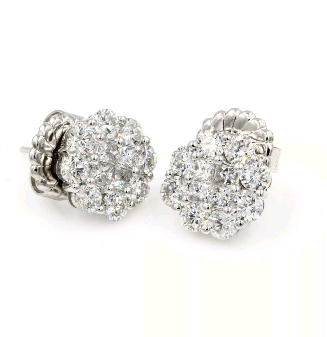 14K SOLID WHITE GOLD 3.00 carat NATURAL DIAMOND CLUSTER EARRINGS G-H color vs diamonds