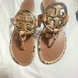 GUC Tory Burch Metal Miller Stamped Snake Printed Leather, Color Blush Roccia/Gold, Size 8M