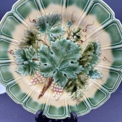 Antique French Sarreguemines Majolica Pottery Plate Green Leaf Grape Cluster