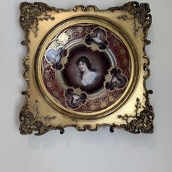 Antique Hand-Painted Porcelain Portrait Plate in Ornate Gilt Frame – Victorian Style