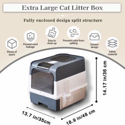Extra-Large Splash-Proof Fully Enclosed Litter Box, Gray Color