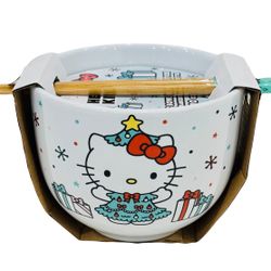 HELLO KITTY CHRISTMAS BOWL WITH CHOPSTICKS 