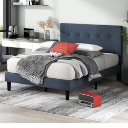 Queen Blue Upholstered Platform Bed Frame w/ Headboard – No Box Spring Needed