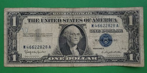 🇺🇸🇺🇸1957 UNITED STATES🇺🇸🇺🇸 SN W46622828A NOTE ONE DOLLAR BILL WITH BLUE SEAL