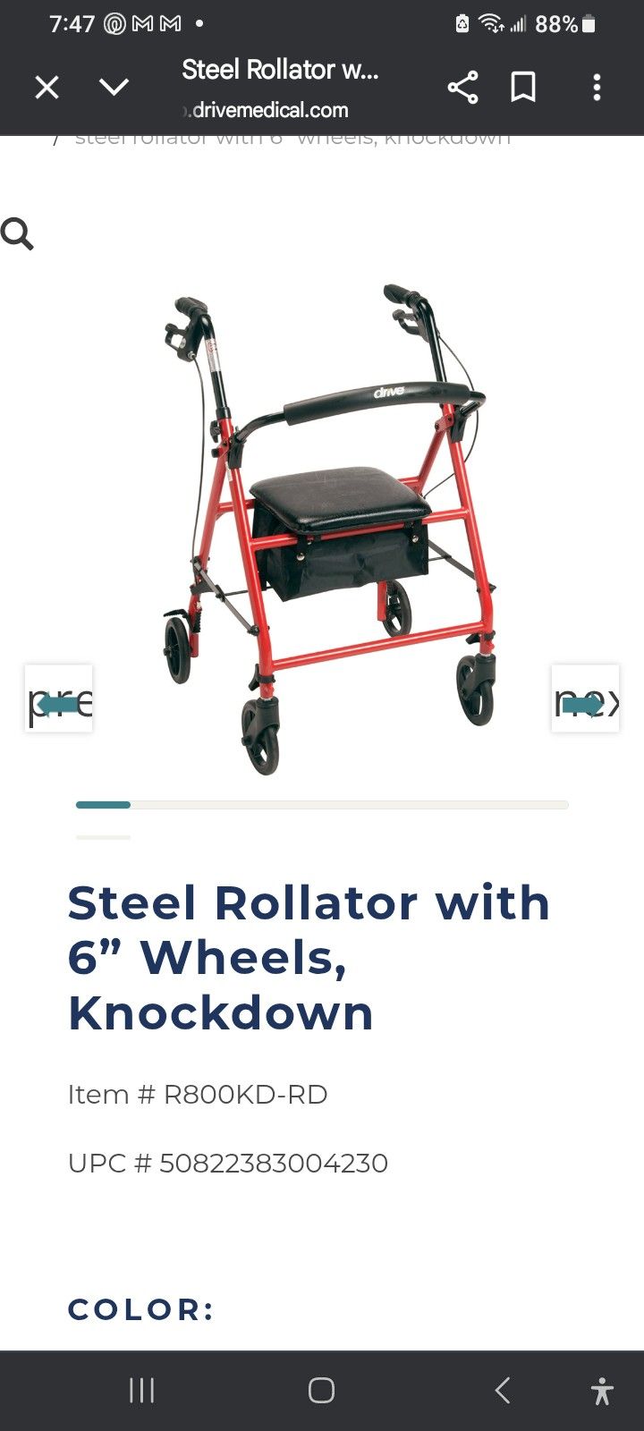 steel rollator walker 6 wheels by drive devilbiss healthcare R800KD-Rd