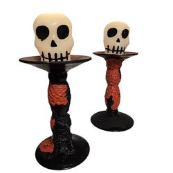 Halloween glass  2 sided candle holders (2) handpainted using vintage materials
