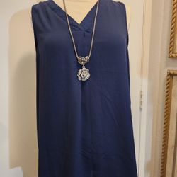 Pleione Women's Tunic V-Neck Sleeveless Top Blouse Dark Blue Rar Keyhole Size S