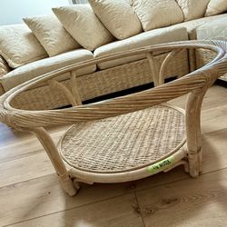 Vintage Round Rattan Coffee Table w/ Glass Top
