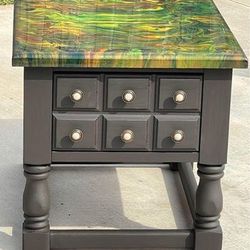Dark brown with camo fall colors epoxy top end side or accent table w/one drawer 21”H x 22”L x 28W