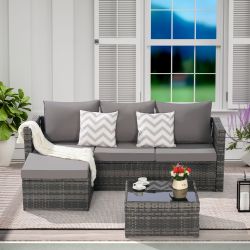 2 Pieces Patio Furniture Set,Outdoor Woven Sectional L- Shaped Patio Furniture ,Wicker Conversation Set with Ottoman, Detachable Lounger Table for Bac