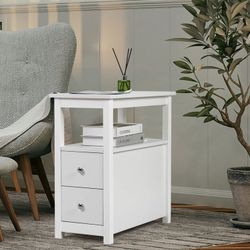 Side Table, White,End Table with Charging Station, with 2 Drawer & USB Ports & Power Outlets, NEW