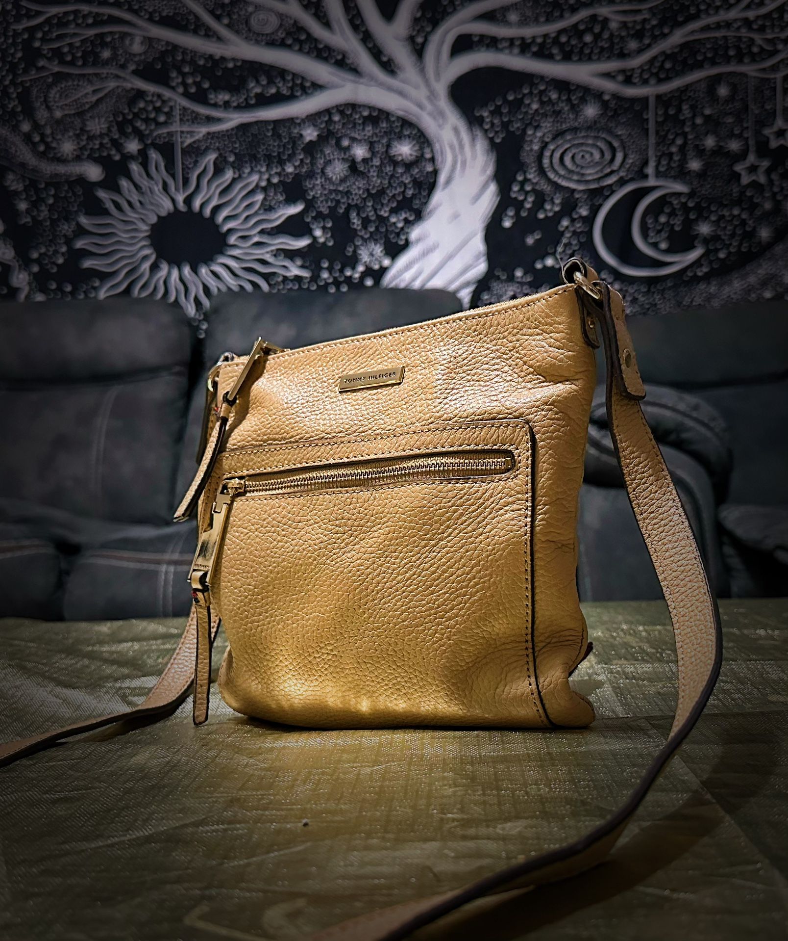 Vintage Tommy Hilfiger Tan Crossbody Bag with Adjustable Strap and Brass Hardware