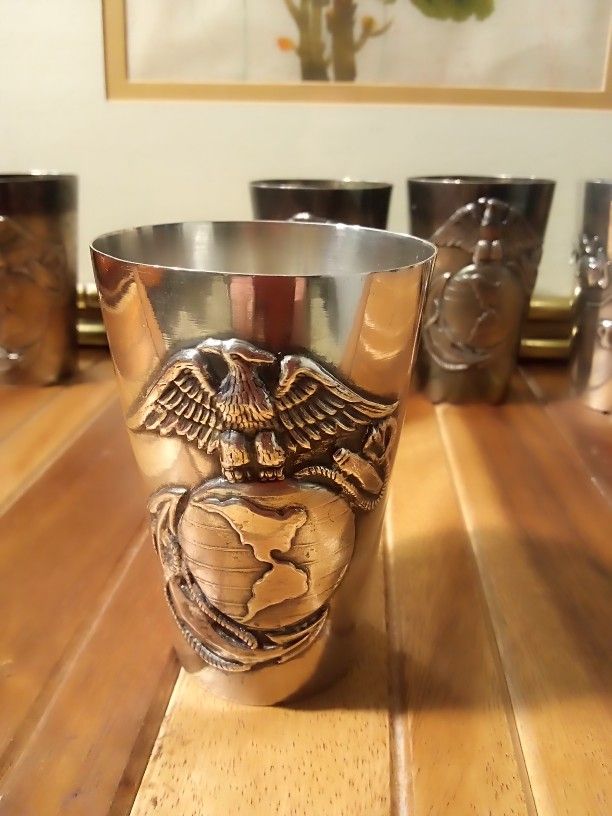 U.S. MARINE CORPS RARE WORLD WAR II SOLID SILVER SOUVENIR CUPS 5 TOTAL SILVER WEIGHT ALONE IS $500.00 Made in about 1943