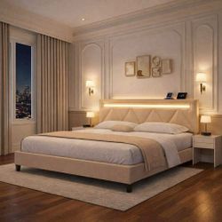 King size bed frame with LED Headboard, Upholstered Platform, Charging Station, beige D-42