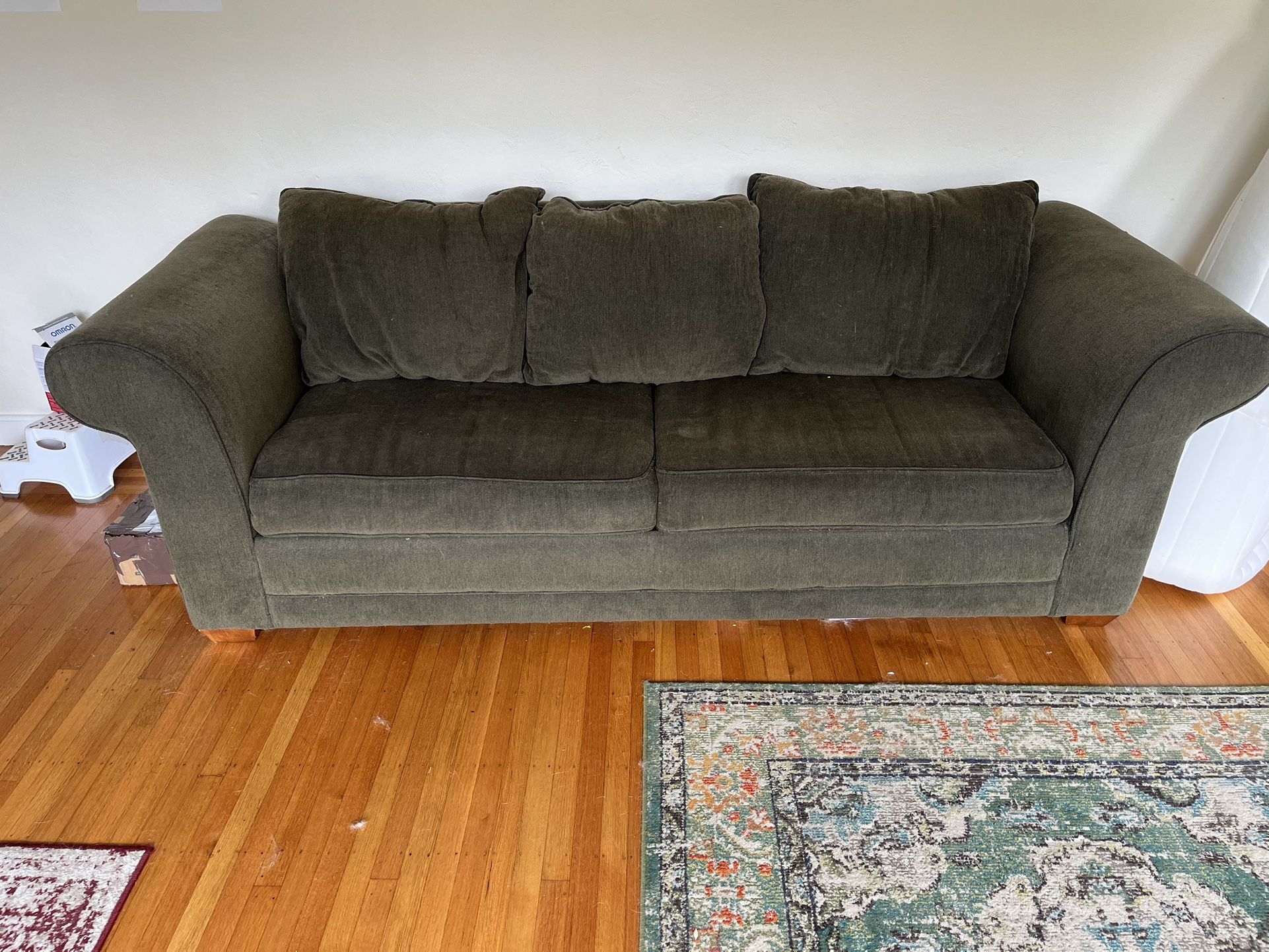 Green sleeper sofa (pull-out couch) + IKEA mattress topper