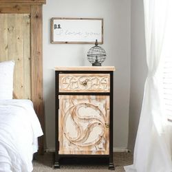 LuxenHome Black Metal Frame and Carved Wood 1-Door 1-Drawer End Table with Storage, IF950
