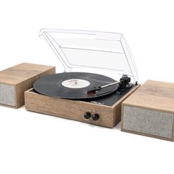 LP&No.1 Wireless Turntable with Stereo Speakers, 3-Speed Vintage Belt-Drive with Wireless Playback & Auto-Stop, Light Wood