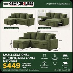 Green Sectional Sofa with Reversible Chaise and Storage
