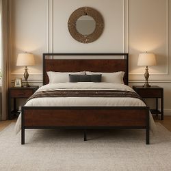 King Bed Metal Platform Bed Frame with Wooden Headboard and Footboard, Mattress Foundation, No Box Spring Needed, Large Under Bed Storage, Mahogany