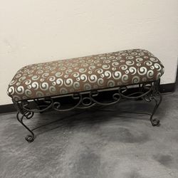 Antique / Vintage Twisted Wrought Iron Bench: Upholstered With green/grey fabric