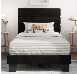 Twin bed Platform Bed Frame with Velvet Upholstered Headboard, Mattress Foundation with Strong Wooden Slats Support, No Box Spring Needed, Black